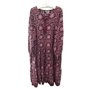 AERIE | Boho Floral Tiered Midi Dress Burgundy Pink Long Sleeve | XL